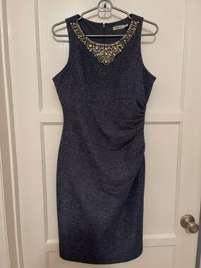 Eliza J Navy Embellished Jewel Neck Cocktail Dress